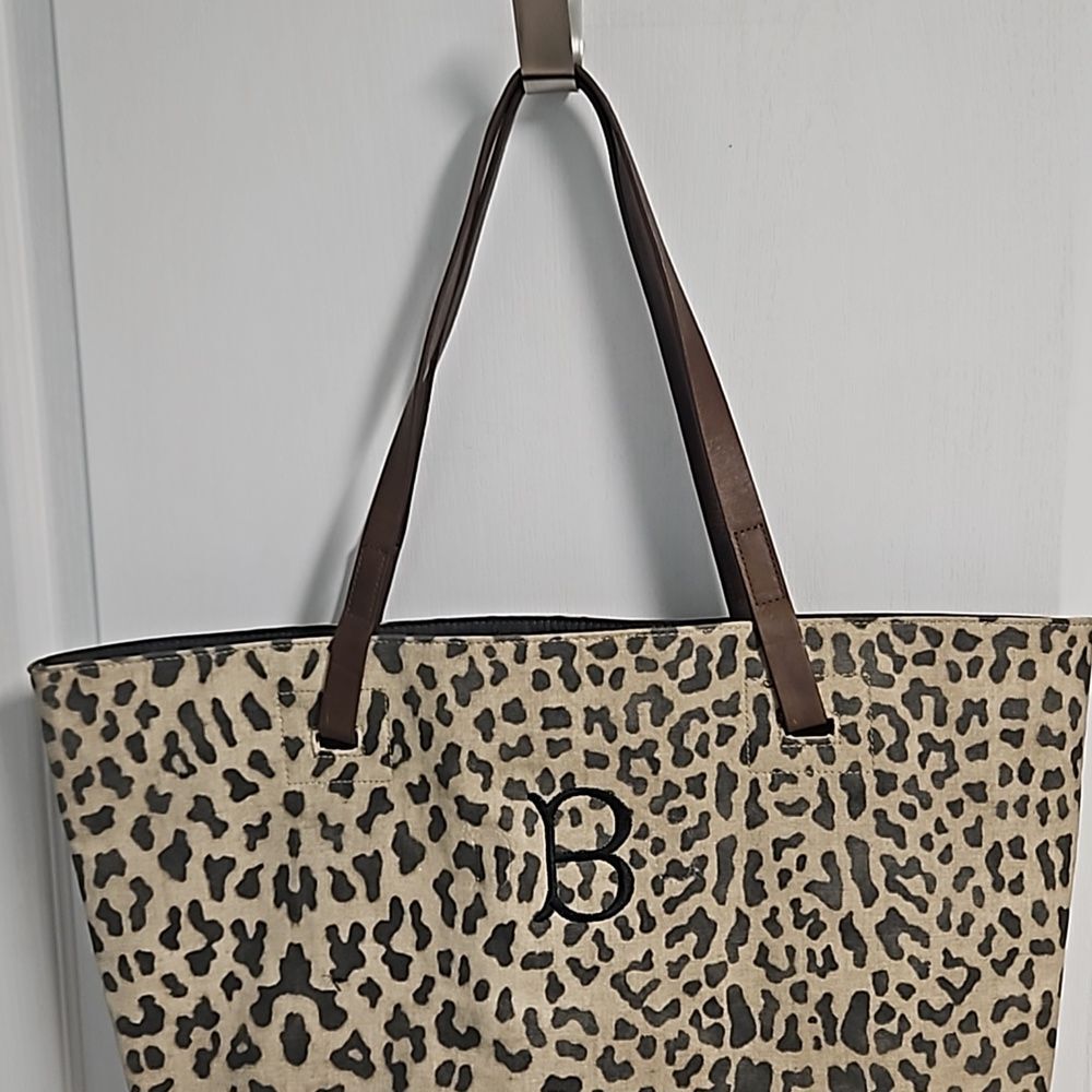 Pottery Barn Leopard Cheetah Tote Bag Leather Strap Monogram "B"
